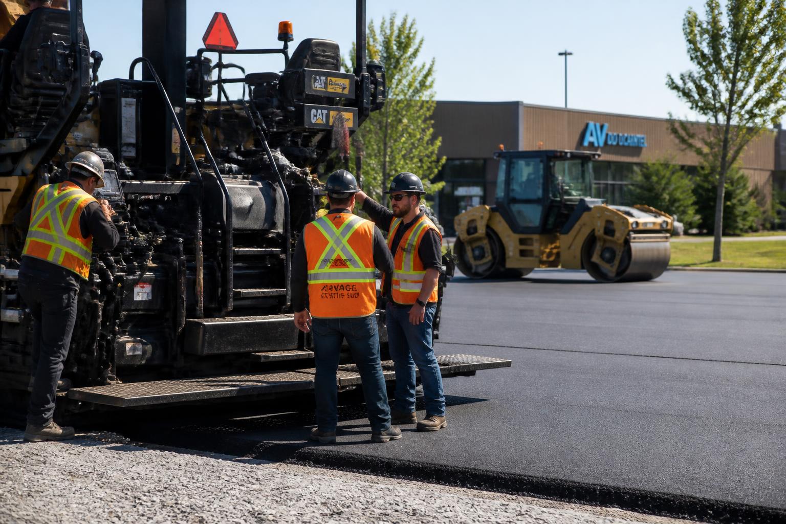 Construction Ampro crew and paving equipment on a commercial job site